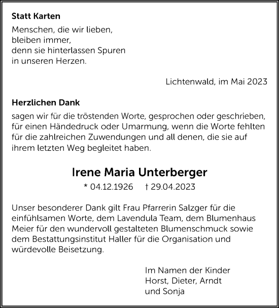 Traueranzeige von Irene Maria Unterberger von Eßlinger Zeitung/Cannstatter Zeitung