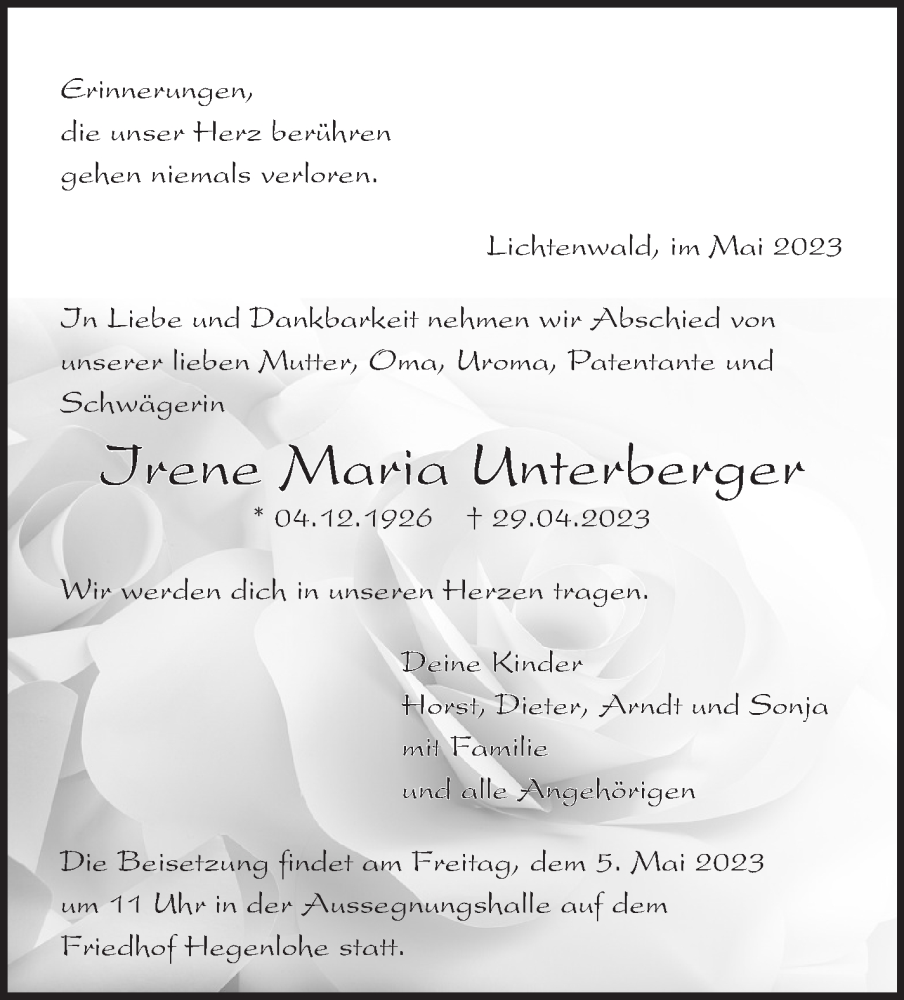  Traueranzeige für Irene Maria Unterberger vom 04.05.2023 aus Eßlinger Zeitung/Cannstatter Zeitung