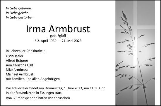 Traueranzeige von Irma Armbrust von Eßlinger Zeitung/Cannstatter Zeitung