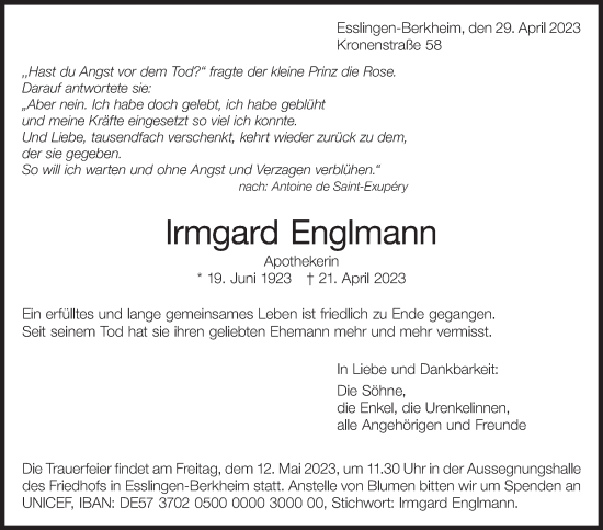Traueranzeige von Irmgard Englmann von Eßlinger Zeitung/Cannstatter Zeitung
