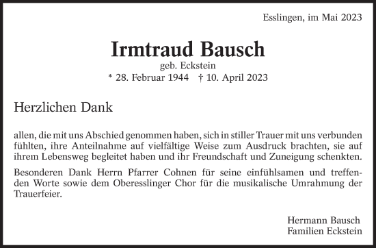 Traueranzeige von Irmtraud Bausch von Eßlinger Zeitung/Cannstatter Zeitung