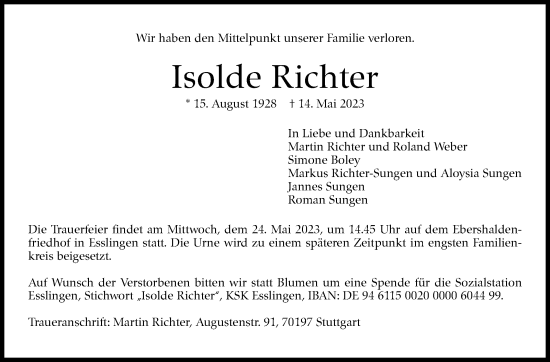 Traueranzeige von Isolde Richter von Eßlinger Zeitung/Cannstatter Zeitung