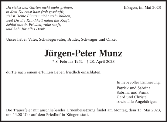 Traueranzeige von Jürgen-Peter Munz von Eßlinger Zeitung/Cannstatter Zeitung