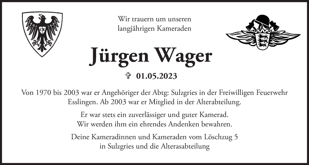  Traueranzeige für Jürgen Wager vom 08.05.2023 aus Eßlinger Zeitung/Cannstatter Zeitung
