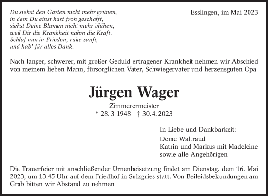 Traueranzeige von Jürgen Wager von Eßlinger Zeitung/Cannstatter Zeitung