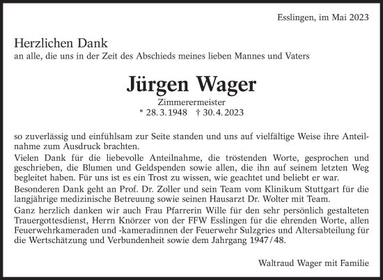 Traueranzeige von Jürgen Wager von Eßlinger Zeitung/Cannstatter Zeitung