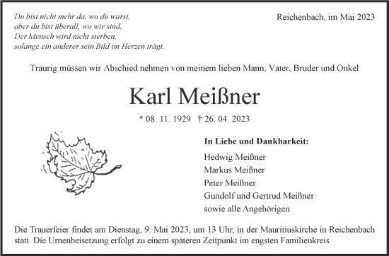 Traueranzeige von Karl Meißner von Eßlinger Zeitung/Cannstatter Zeitung