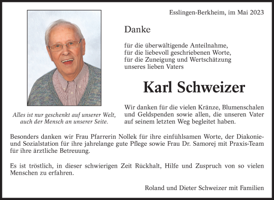 Traueranzeige von Karl Schweizer von Eßlinger Zeitung/Cannstatter Zeitung