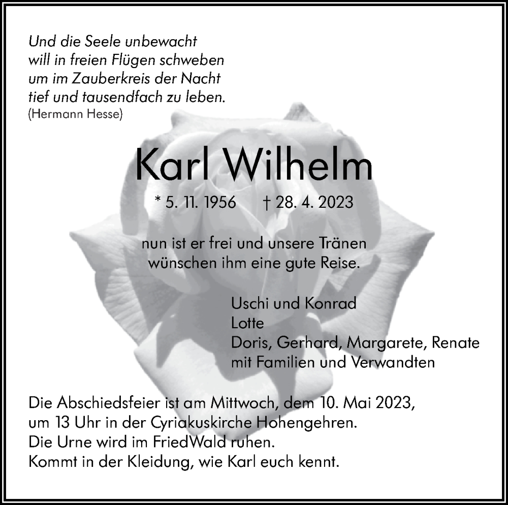  Traueranzeige für Karl Wilhelm vom 06.05.2023 aus Eßlinger Zeitung/Cannstatter Zeitung