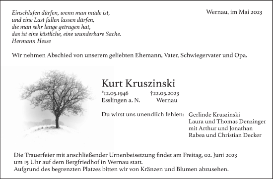 Traueranzeige von Kurt Kruszinski von Eßlinger Zeitung/Cannstatter Zeitung