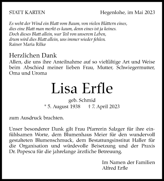 Traueranzeige von Lisa Erfle von Eßlinger Zeitung/Cannstatter Zeitung