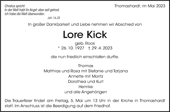 Traueranzeige von Lore Kick von Eßlinger Zeitung/Cannstatter Zeitung