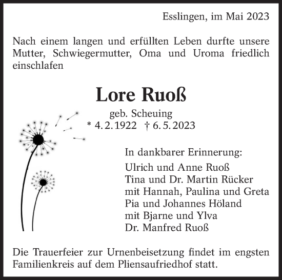 Traueranzeige von Lore Ruoß von Eßlinger Zeitung/Cannstatter Zeitung