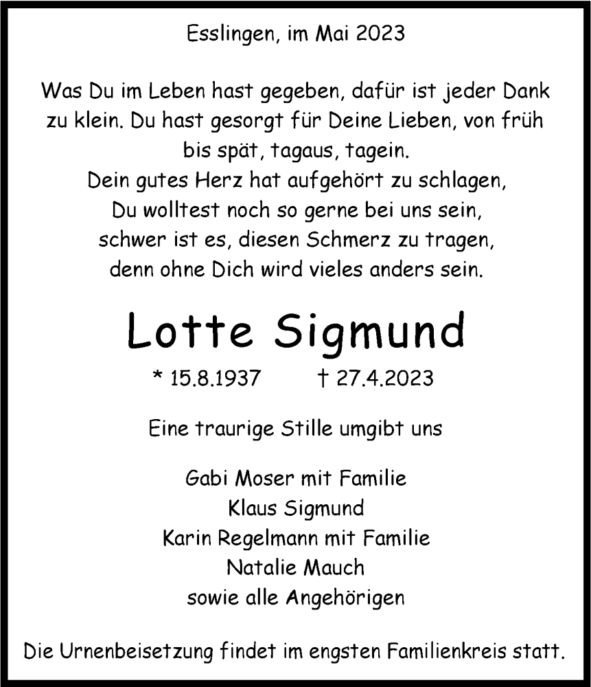  Traueranzeige für Lotte Sigmund vom 13.05.2023 aus Eßlinger Zeitung/Cannstatter Zeitung
