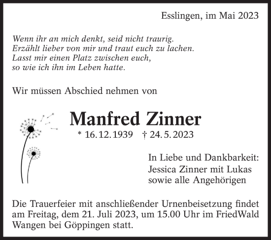 Traueranzeige von Manfred Zinner von Eßlinger Zeitung/Cannstatter Zeitung