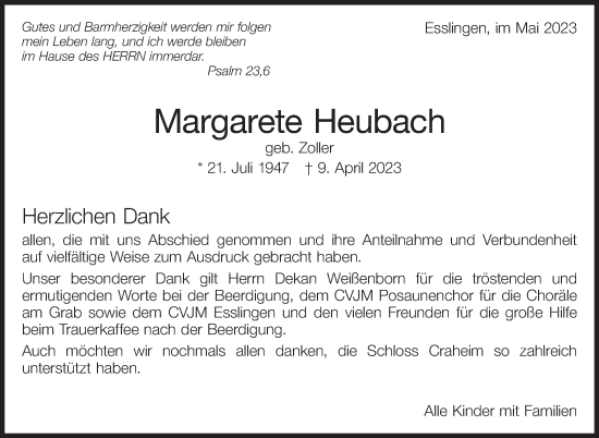 Traueranzeige von Margarete Heubach von Eßlinger Zeitung/Cannstatter Zeitung