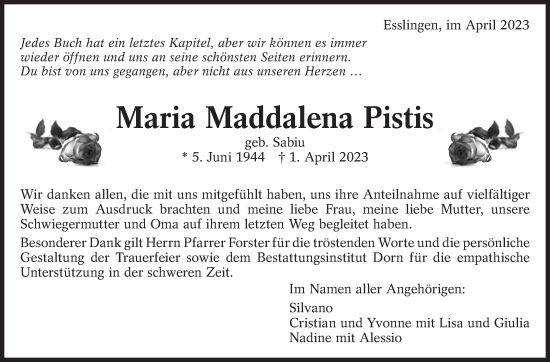 Traueranzeige von Maria Pistis von Eßlinger Zeitung/Cannstatter Zeitung
