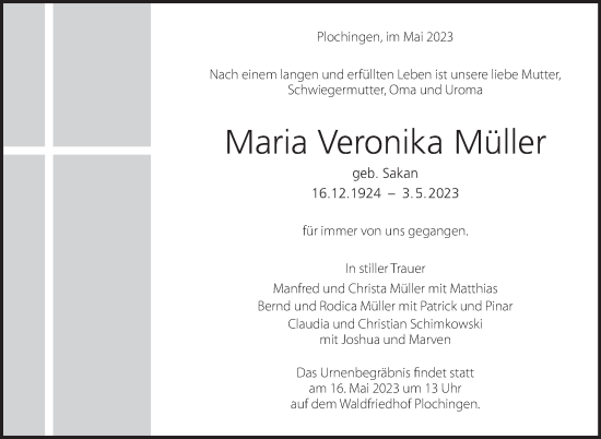 Traueranzeige von Maria Veronika Müller von Eßlinger Zeitung/Cannstatter Zeitung