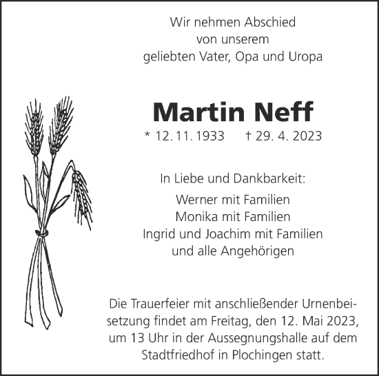 Traueranzeige von Martin Neff von Eßlinger Zeitung/Cannstatter Zeitung