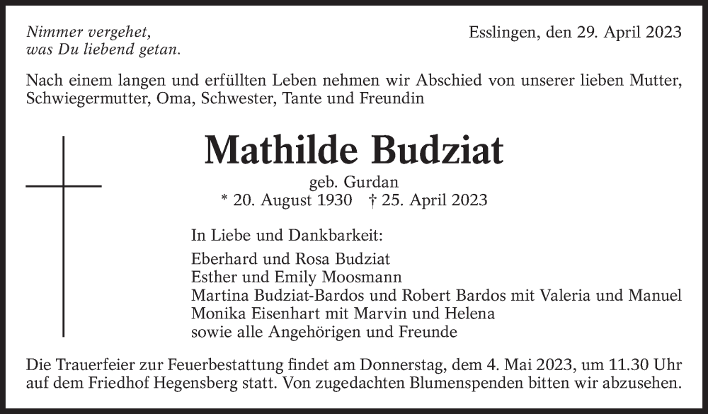  Traueranzeige für Mathilde Budziat vom 29.04.2023 aus Eßlinger Zeitung/Cannstatter Zeitung