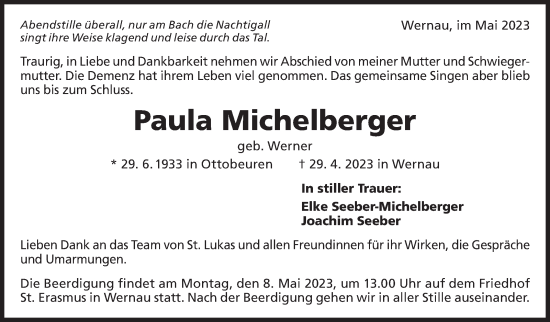 Traueranzeige von Paula Michelberger von Eßlinger Zeitung/Cannstatter Zeitung