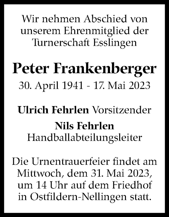 Traueranzeige von Peter Frankenberger von Eßlinger Zeitung/Cannstatter Zeitung