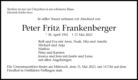 Traueranzeige von Peter Fritz Frankenberger von Eßlinger Zeitung/Cannstatter Zeitung
