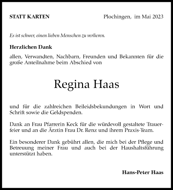 Traueranzeige von Regina Haas von Eßlinger Zeitung/Cannstatter Zeitung