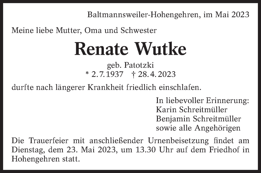  Traueranzeige für Renate Wutke vom 06.05.2023 aus Eßlinger Zeitung/Cannstatter Zeitung