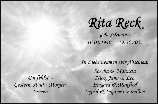 Traueranzeige von Rita Reck von Eßlinger Zeitung/Cannstatter Zeitung
