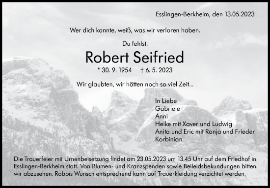 Traueranzeige von Robert Seifried von Eßlinger Zeitung/Cannstatter Zeitung