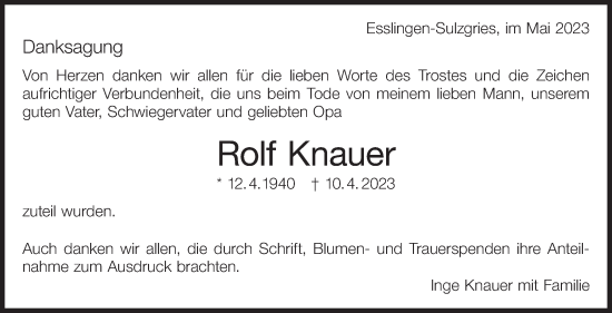 Traueranzeige von Rolf Knauer von Eßlinger Zeitung/Cannstatter Zeitung