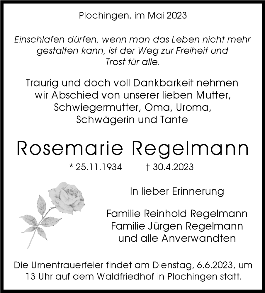  Traueranzeige für Rosemarie Regelmann vom 27.05.2023 aus Eßlinger Zeitung/Cannstatter Zeitung