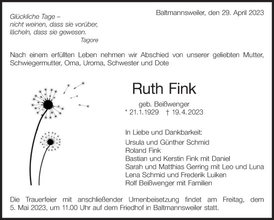 Traueranzeige von Ruth Fink von Eßlinger Zeitung/Cannstatter Zeitung