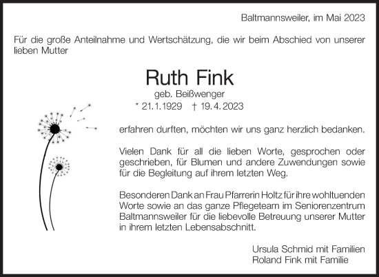 Traueranzeige von Ruth Fink von Eßlinger Zeitung/Cannstatter Zeitung