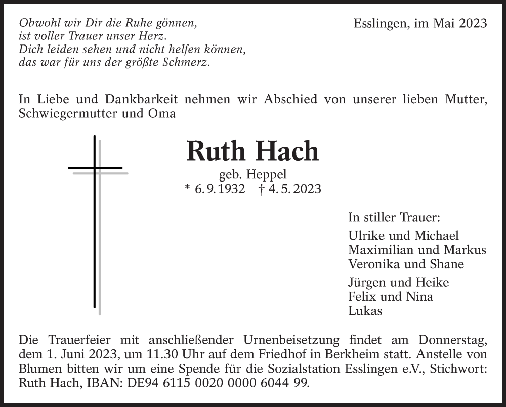  Traueranzeige für Ruth Hach vom 06.05.2023 aus Eßlinger Zeitung/Cannstatter Zeitung