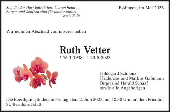Traueranzeige von Ruth Vetter von Eßlinger Zeitung/Cannstatter Zeitung