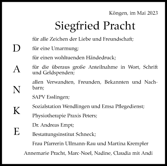Traueranzeige von Siegfried Pracht von Eßlinger Zeitung/Cannstatter Zeitung