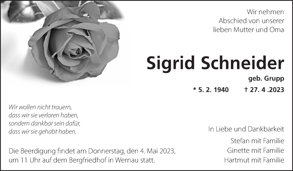  Traueranzeige für Sigrid Schneider vom 02.05.2023 aus Eßlinger Zeitung/Cannstatter Zeitung