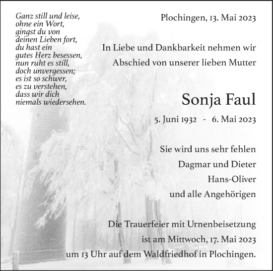 Traueranzeige von Sonja Faul von Eßlinger Zeitung/Cannstatter Zeitung