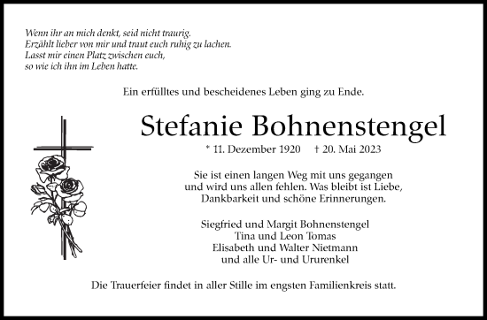 Traueranzeige von Stefanie Bohnenstengel von Eßlinger Zeitung/Cannstatter Zeitung