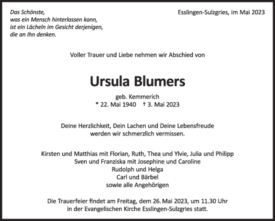 Traueranzeige von Ursula Blumers von Eßlinger Zeitung/Cannstatter Zeitung