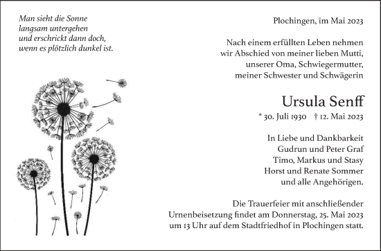 Traueranzeige von Ursula Senff von Eßlinger Zeitung/Cannstatter Zeitung