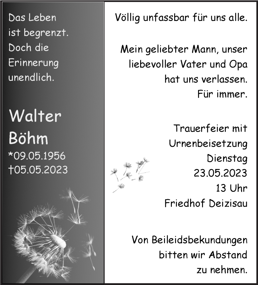  Traueranzeige für Walter Böhm vom 16.05.2023 aus Eßlinger Zeitung/Cannstatter Zeitung