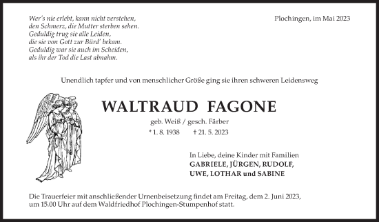 Traueranzeige von Waltraud Fagone von Eßlinger Zeitung/Cannstatter Zeitung