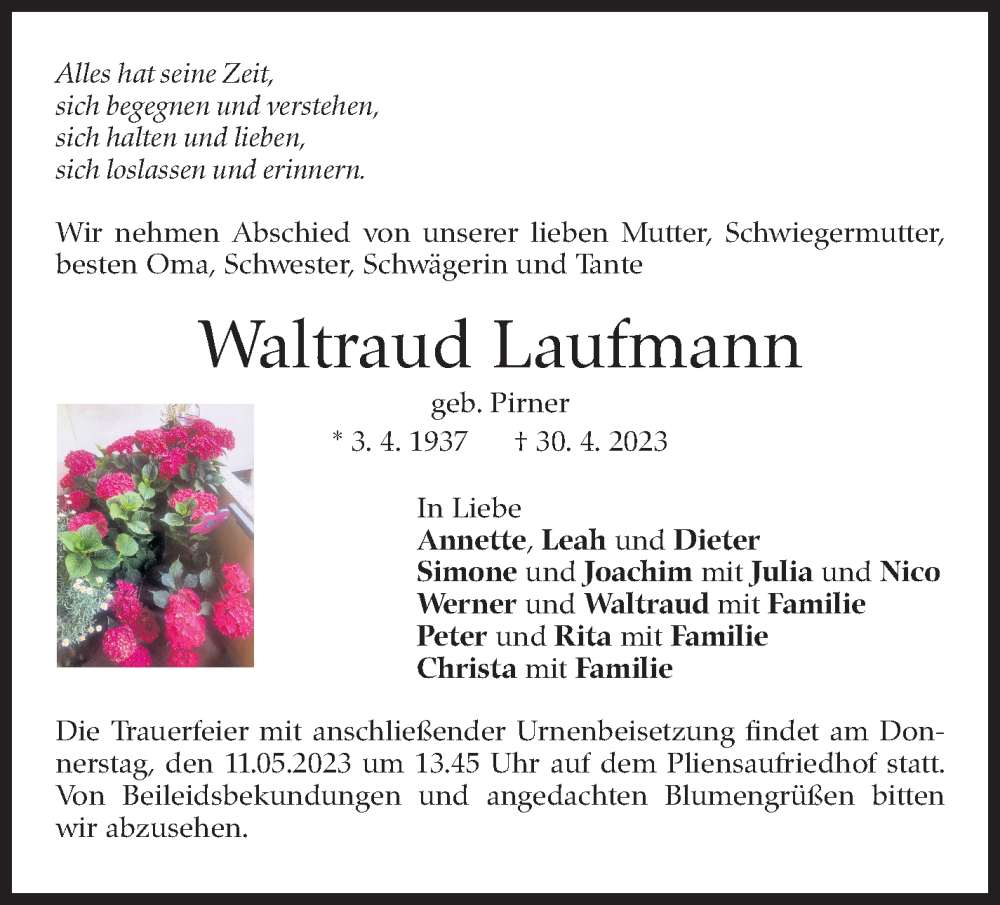  Traueranzeige für Waltraud Laufmann vom 08.05.2023 aus Eßlinger Zeitung/Cannstatter Zeitung