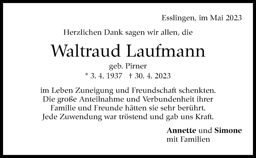  Traueranzeige für Waltraud Laufmann vom 22.05.2023 aus Eßlinger Zeitung/Cannstatter Zeitung