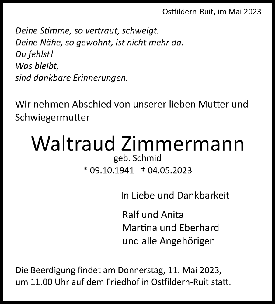  Traueranzeige für Waltraud Zimmermann vom 09.05.2023 aus Eßlinger Zeitung/Cannstatter Zeitung