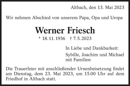 Traueranzeige von Werner Friesch von Eßlinger Zeitung/Cannstatter Zeitung