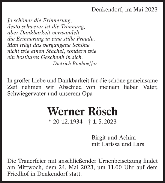 Traueranzeige von Werner Rösch von Eßlinger Zeitung/Cannstatter Zeitung